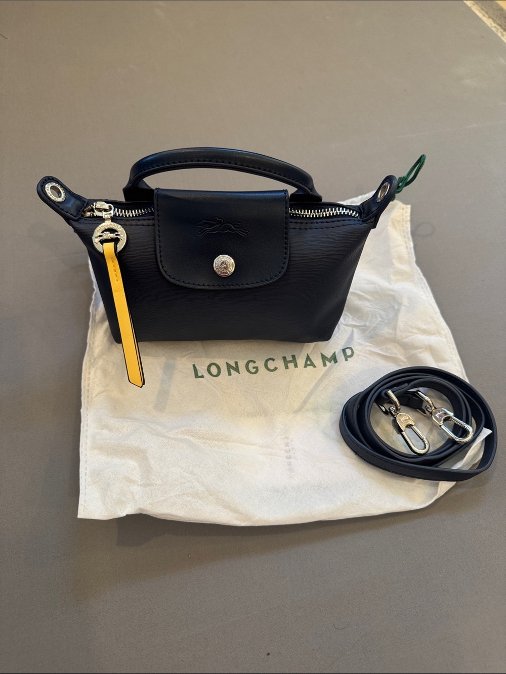 Longchamp Black Mini Le Pliage Cuir Top-Handle Crossbody with Yellow Accent